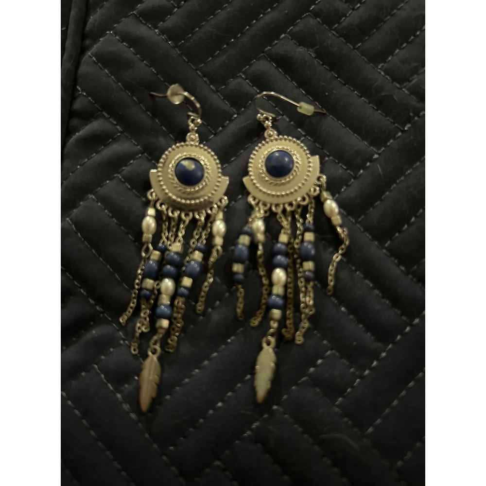 Boho‎ Dangle Earrings Silver Tone Blue Bead Feather Festival Jewelry